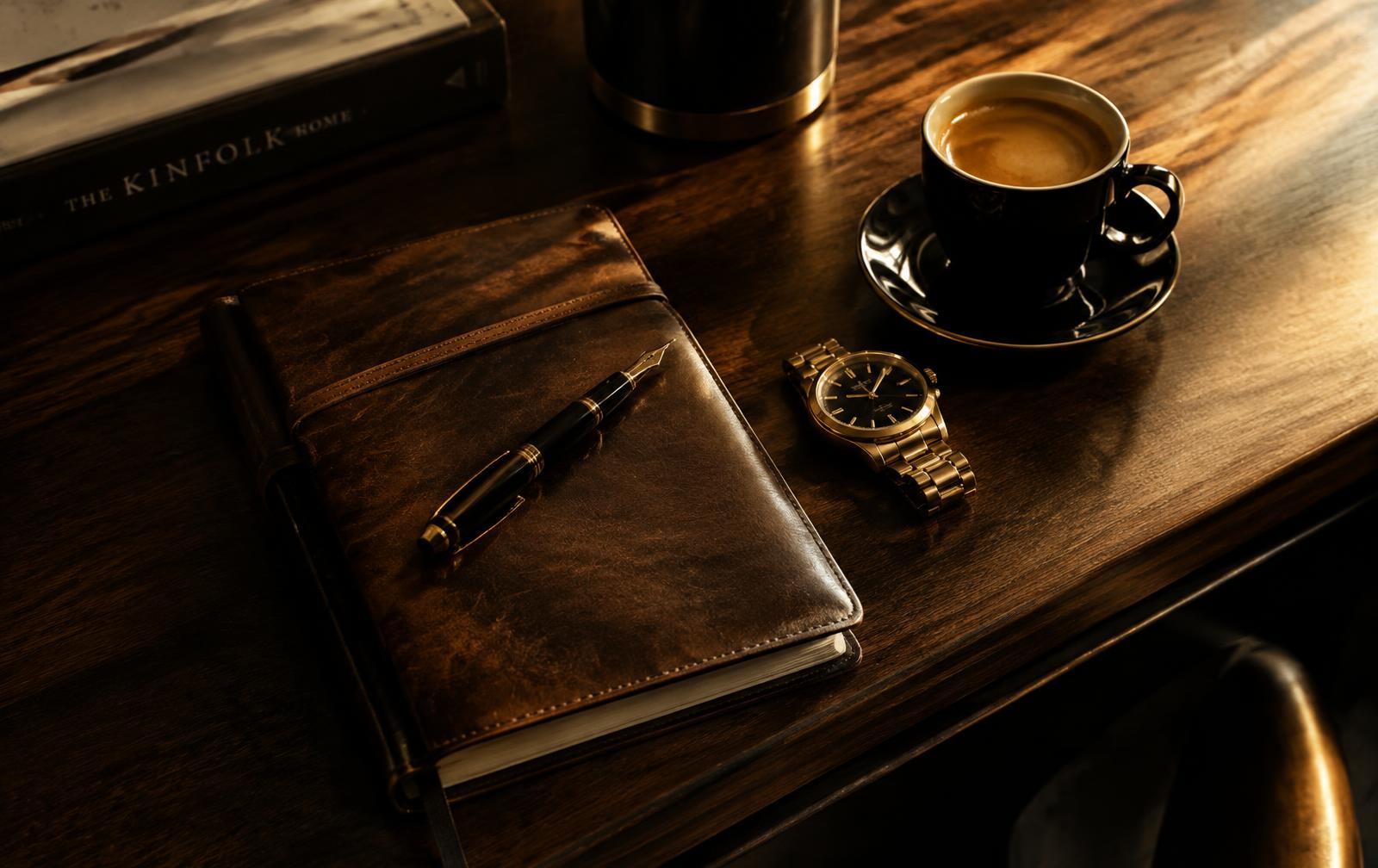 A leather journal, fountain pen, and watch on a walnut desk